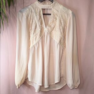 New York & Company Ivory Lace Yoke Long-Sleeve Blouse